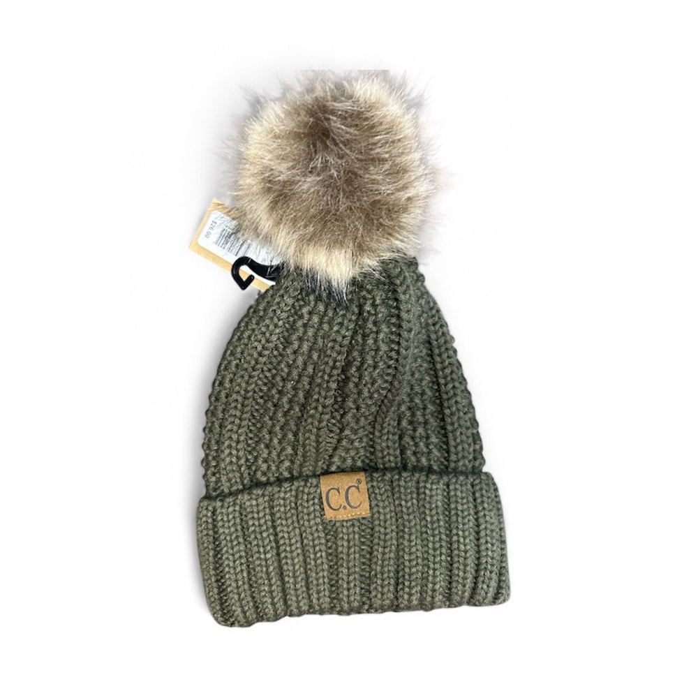 C.C. Olive Knit Beanie with Faux Fur Pom NWT
